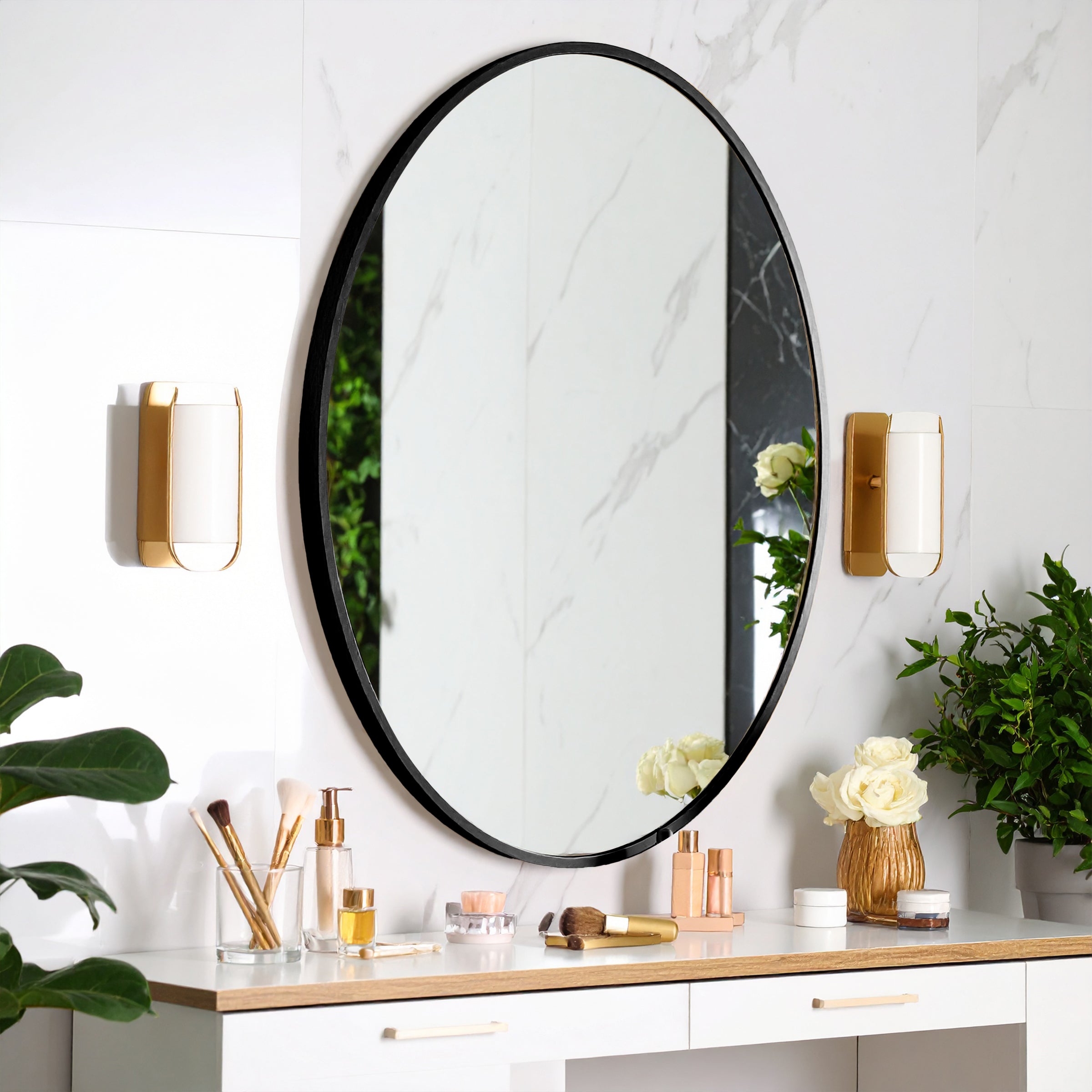 Germa Aluminium Brushed Framed Mirror for Bathroom | Wall Mounted Shatter Proof | Decorative HD Vanity Mirror for Bathroom | Living | Bed Room | Oval Shape (18x24)