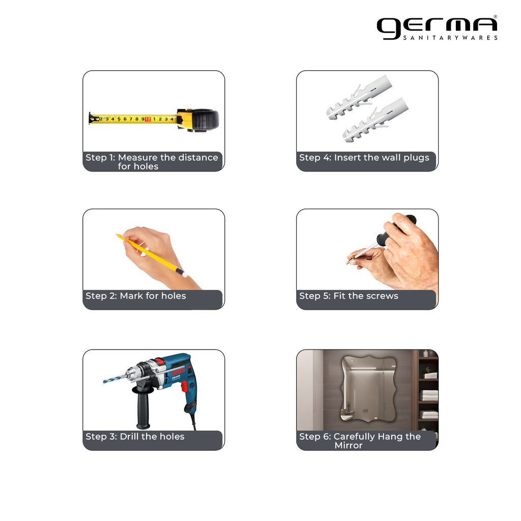 Germa Wavy Edge Rectangle Wall Mounted Frameless Mirror with Beveled Edges/Wall Mirror for Bathroom/Living Room/Bed Room/Dressing Room (60cm x 45cm)