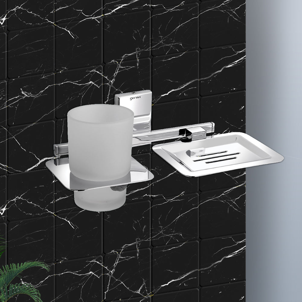 Germa Sanitarywares 304 Stainless Steel Soap Dish with Tumbler Holder for Bathroom | 2 in 1 Soap Holder with Tumbler Holder | Soap Dish | Tumbler Holder | Bathroom Accessories (Chrome)