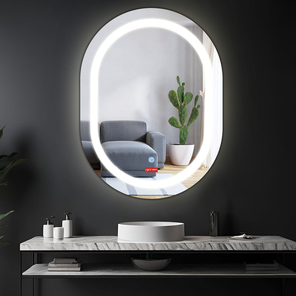 Germa LED Mirror for Bathroom with 3Lights Color Tone and Touch Sensor/Designer Mirror for Living & Bed Room/Dimmable and Memory Function Wall Mirror–Oval Capsule Shape(18x24Inch)