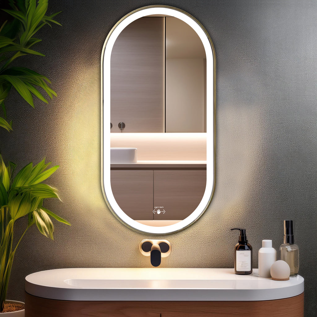 Aluminum Frame Led Mirror 3Light Dimmer with Wave Sensor - Capsule Shape 90cm x 45cm