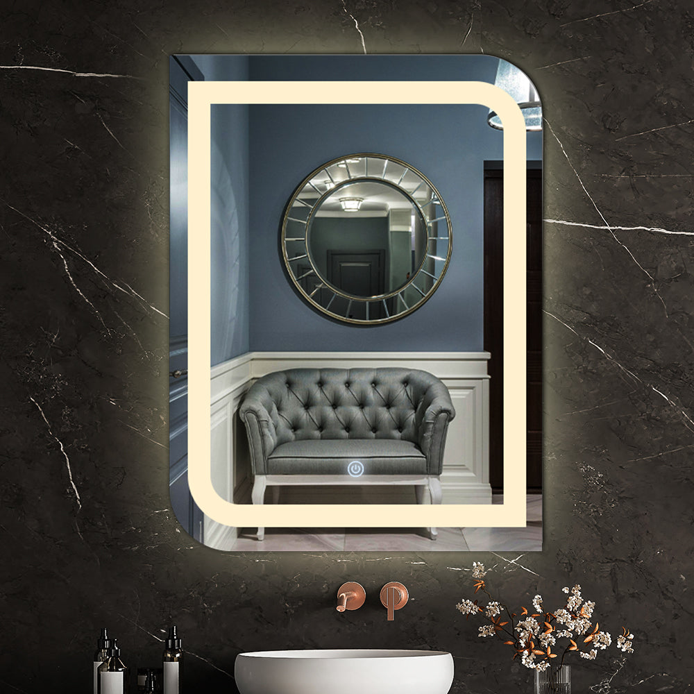 Germa One Side Curve Edge LED Mirror for Bathroom with 3Lights Color Tone and Touch Sensor/Designer Mirror for Living&Bed Room/Dimmable and Memory Function - Rectangle(18x24Inch)