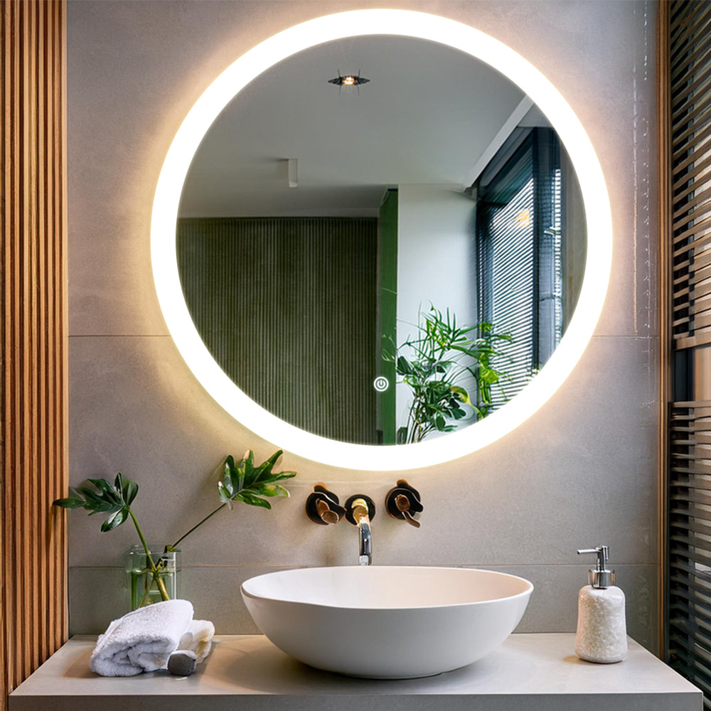 Germa Edge Light LED Mirror for Bathroom with 3Lights Color Tone and Touch Sensor/Designer Mirror for Dressing,Living & Bed Room/Dimmable and Memory Function Wall Mirror–Round(24x24Inch)