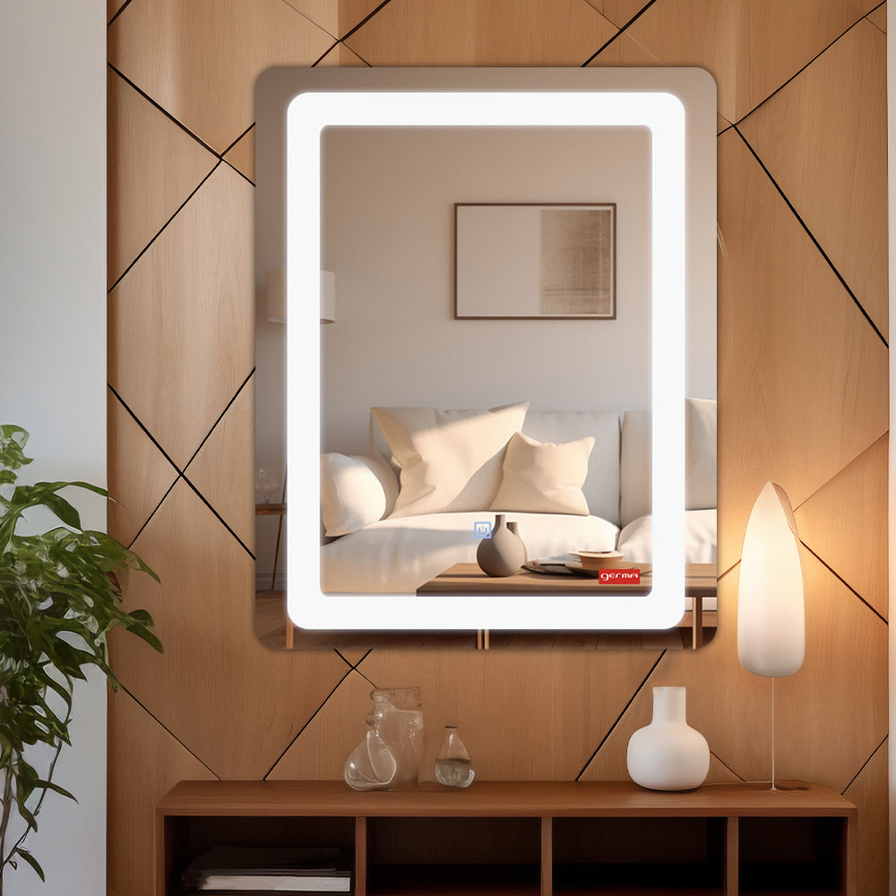 Germa Curve Edge LED Mirror for Bathroom with 3Lights Color Tone and Touch Sensor/Designer Mirror for Living&Bed Room/Dimmable and Memory Function Wall Mirror-Rectangle Shape 18x24Inch
