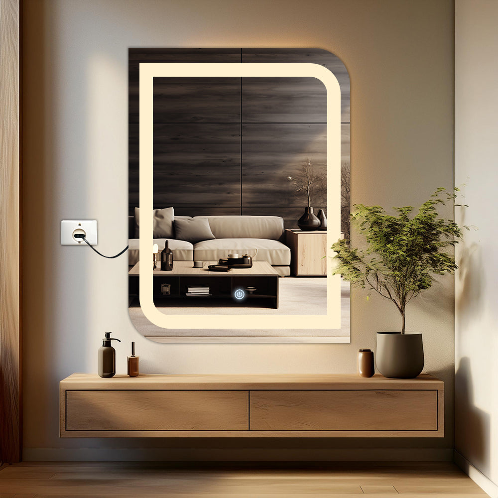 Germa One Side Curve Edge LED Mirror for Bathroom with 3Lights Color Tone and Touch Sensor/Designer Mirror for Living&Bed Room/Dimmable and Memory Function - Rectangle(18x24Inch)