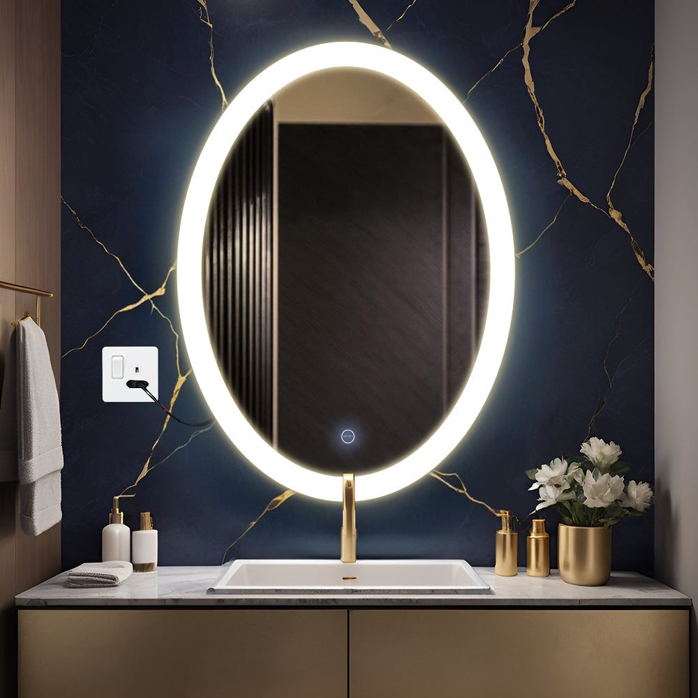 Germa LED Mirror for Bathroom with 3Lights Color Tone and Touch Sensor/Designer Mirror for Bathroom Living & Bed Room/Dimmable and Memory Function Wall Mirror–Oval Shape(18x24Inch)