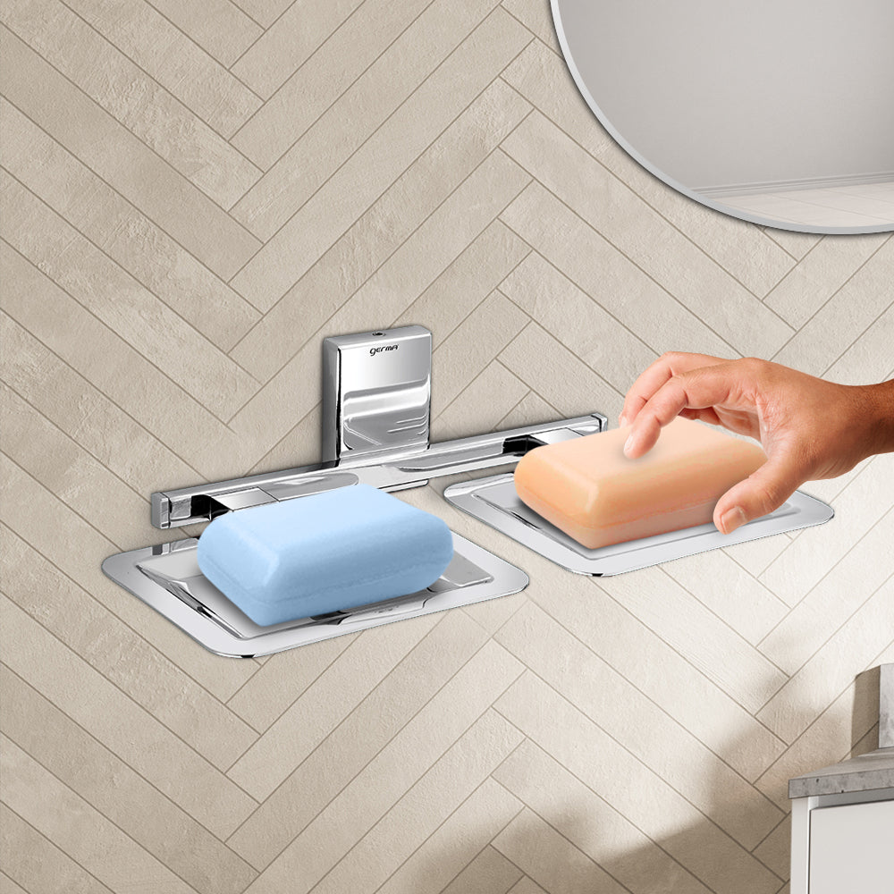 Germa Sanitarywares 304 Stainless Steel Double Soap Dish Holder for Bathroom | Soap Stand for Wash Room | Soap Case | Bathroom Accessories (Chrome)