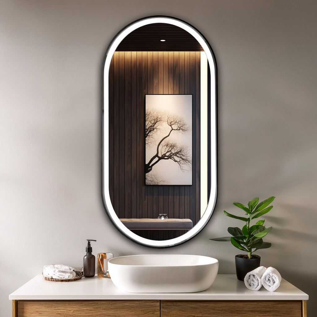 Aluminum Frame Led Mirror 3Light Dimmer with Wave Sensor - Capsule Shape 90cm x 45cm