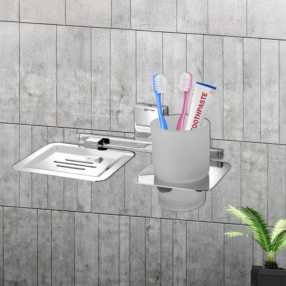Germa Sanitarywares 304 Stainless Steel Soap Dish with Tumbler Holder for Bathroom | 2 in 1 Soap Holder with Tumbler Holder | Soap Dish | Tumbler Holder | Bathroom Accessories (Chrome)