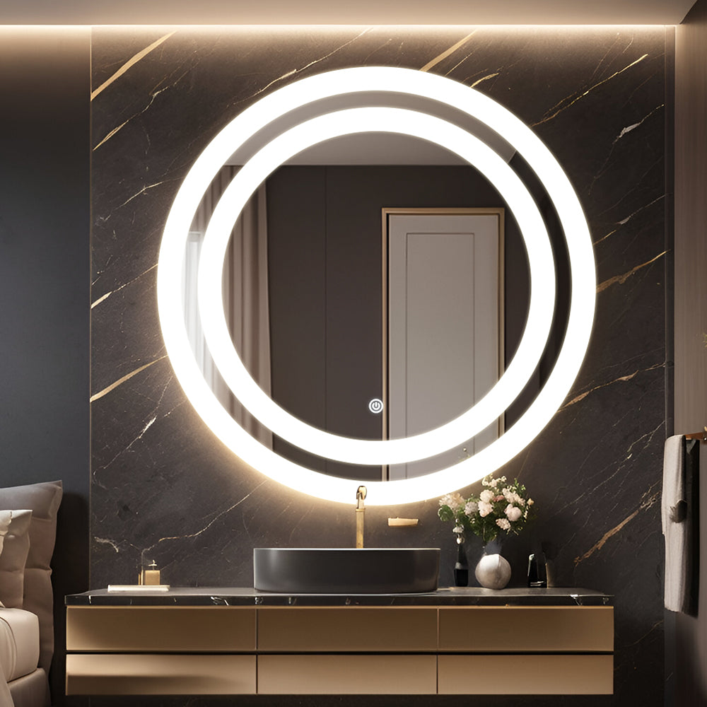 Germa Dual Line LED Mirror for Bathroom with 3Lights Color Tone and Touch Sensor/Designer Mirror for Living&Bed Room/Dimmable and Memory Function Wall Mirror–Round Shape 24x24Inch