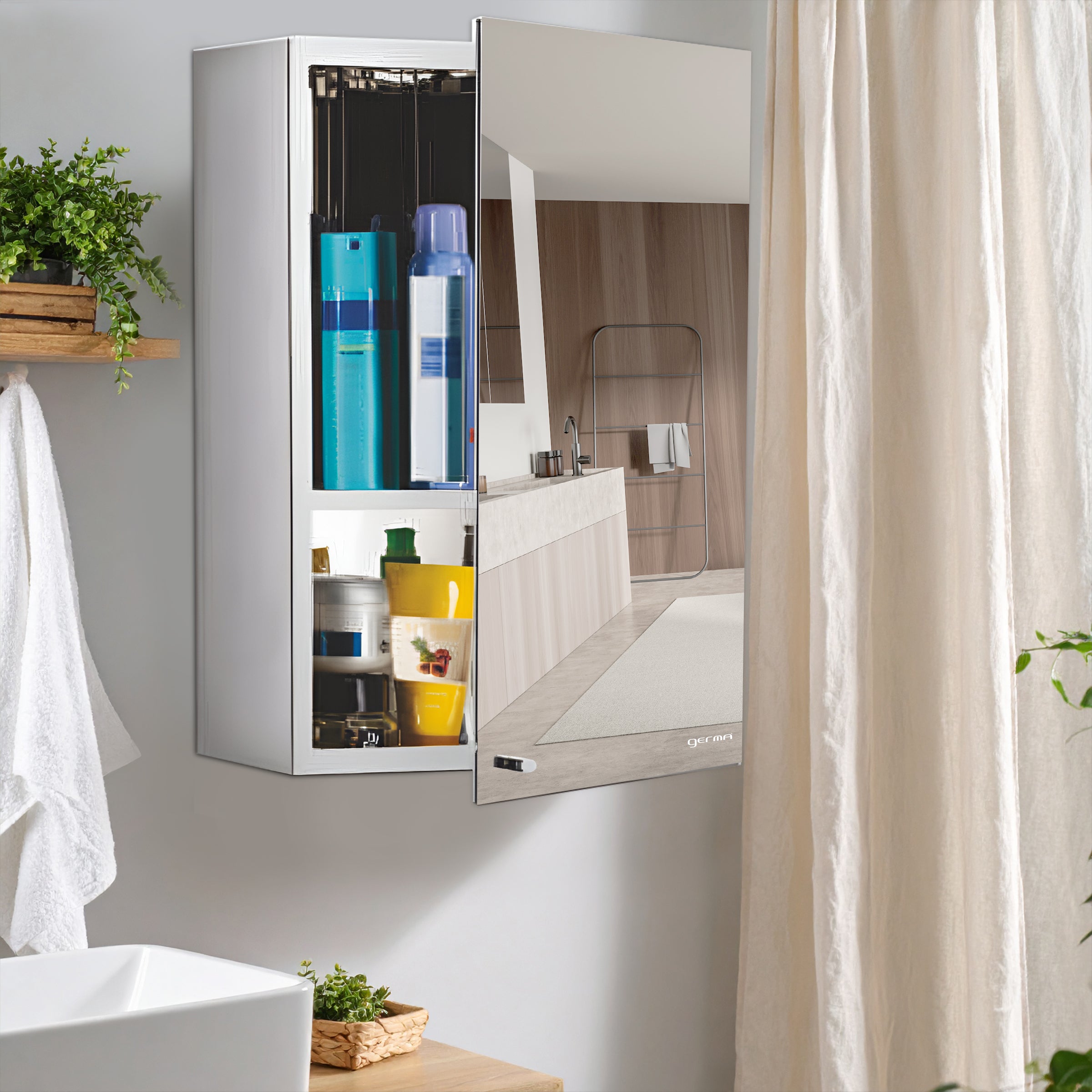 Germa Sanitarywares Premium 304 Grade Stainless Steel Bathroom Mirror Cabinet with Storage | Sleek Wall-Mounted Medicine Mirror Cabinet | Shelf with Mirror | Bathroom Organiser Chrome (10x16 Inch)