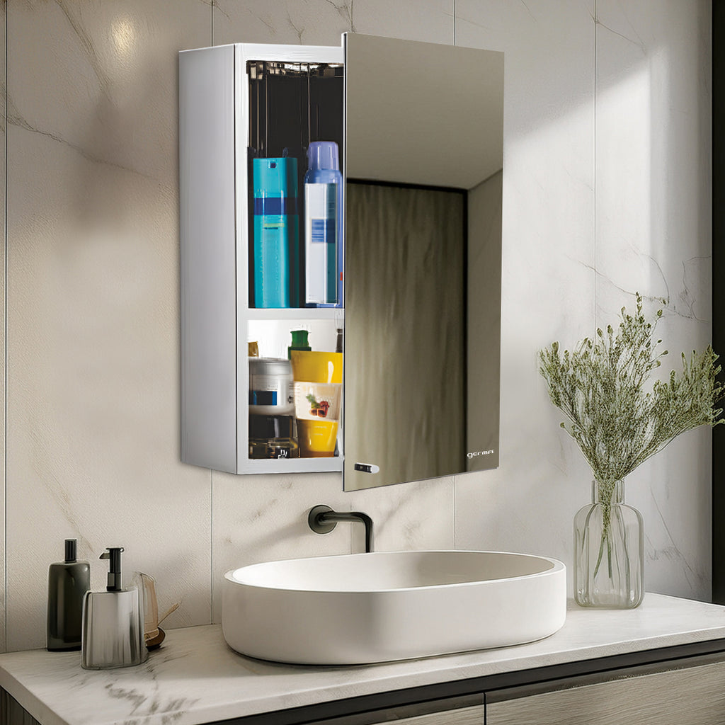 Germa Sanitarywares Premium 304 Grade Stainless Steel Bathroom Mirror Cabinet with Storage | Sleek Wall-Mounted Medicine Mirror Cabinet | Shelf with Mirror | Bathroom Organiser Chrome (14x20inch)