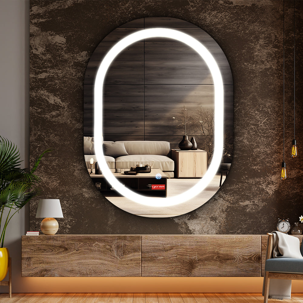 Germa LED Mirror for Bathroom with 3Lights Color Tone and Touch Sensor/Designer Mirror for Living & Bed Room/Dimmable and Memory Function Wall Mirror–Oval Capsule Shape(18x24Inch)