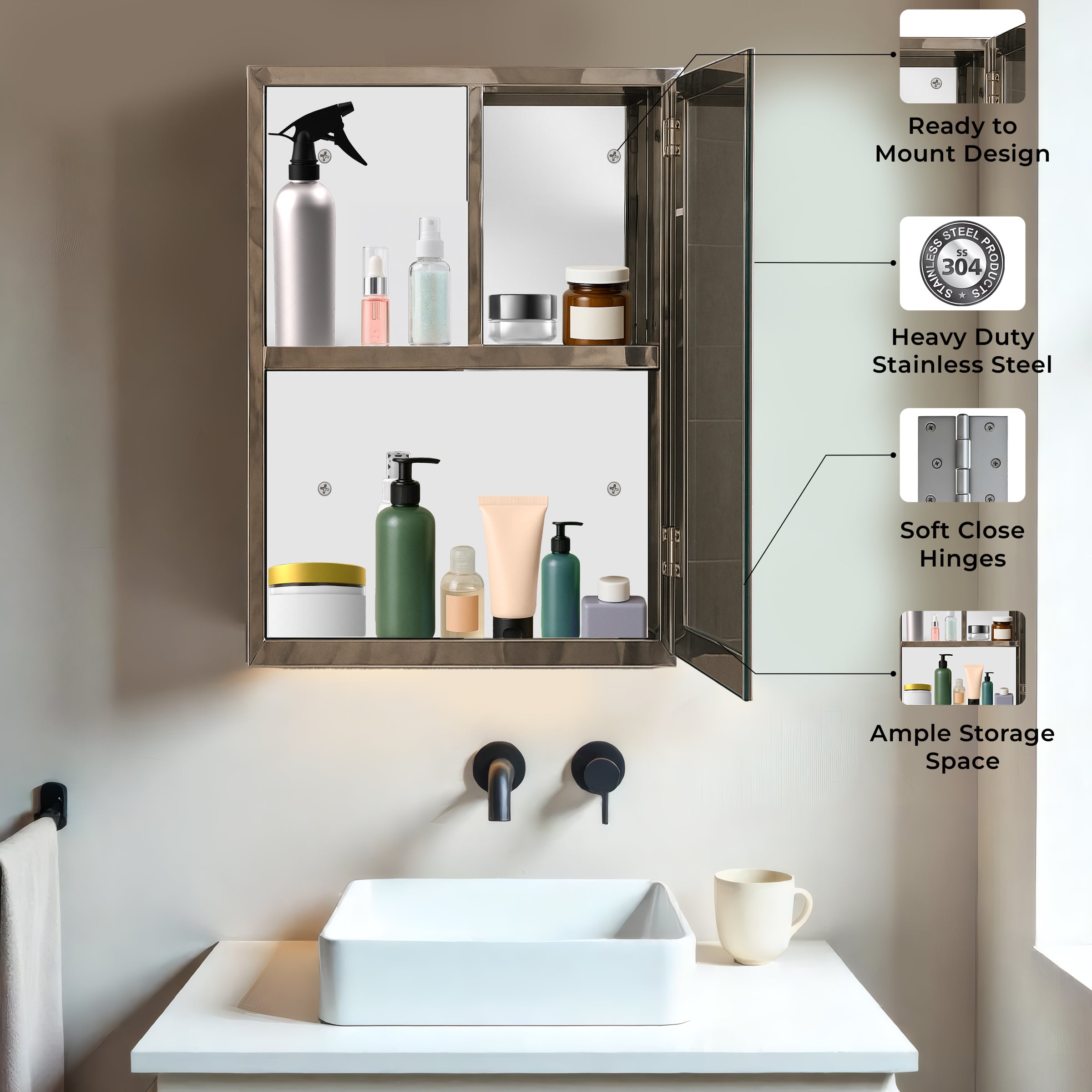 Germa Sanitaryware Premium 304 Grade Stainless Steel Bathroom Mirror Cabinet with Storage | Sleek Wall-Mounted Medicine Mirror Cabinet | Shelf with Mirror | Bathroom Organiser Chrome (12x18 Inch)