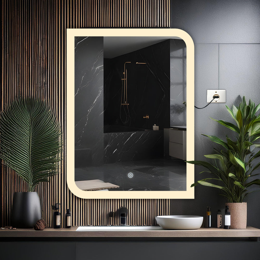 Germa One Side Curve Edge LED Mirror for Bathroom with 3Lights Color Tone and Touch Sensor/Designer Mirror for Living&Bed Room/Dimmable and Memory Function - Edge Light (18x24Inch)