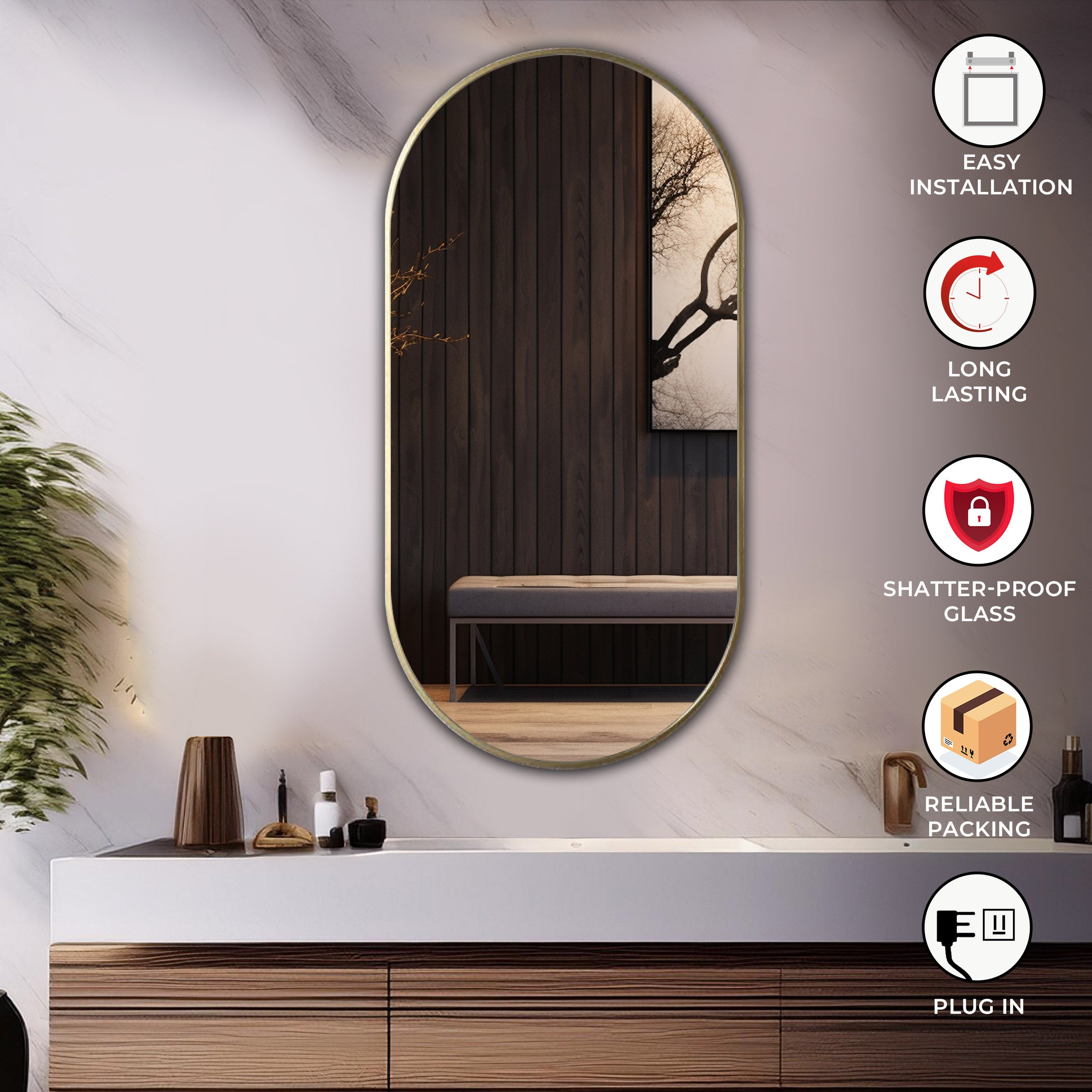 Aluminum Frame Mirror - Capsule Shape 90cm x 45cm