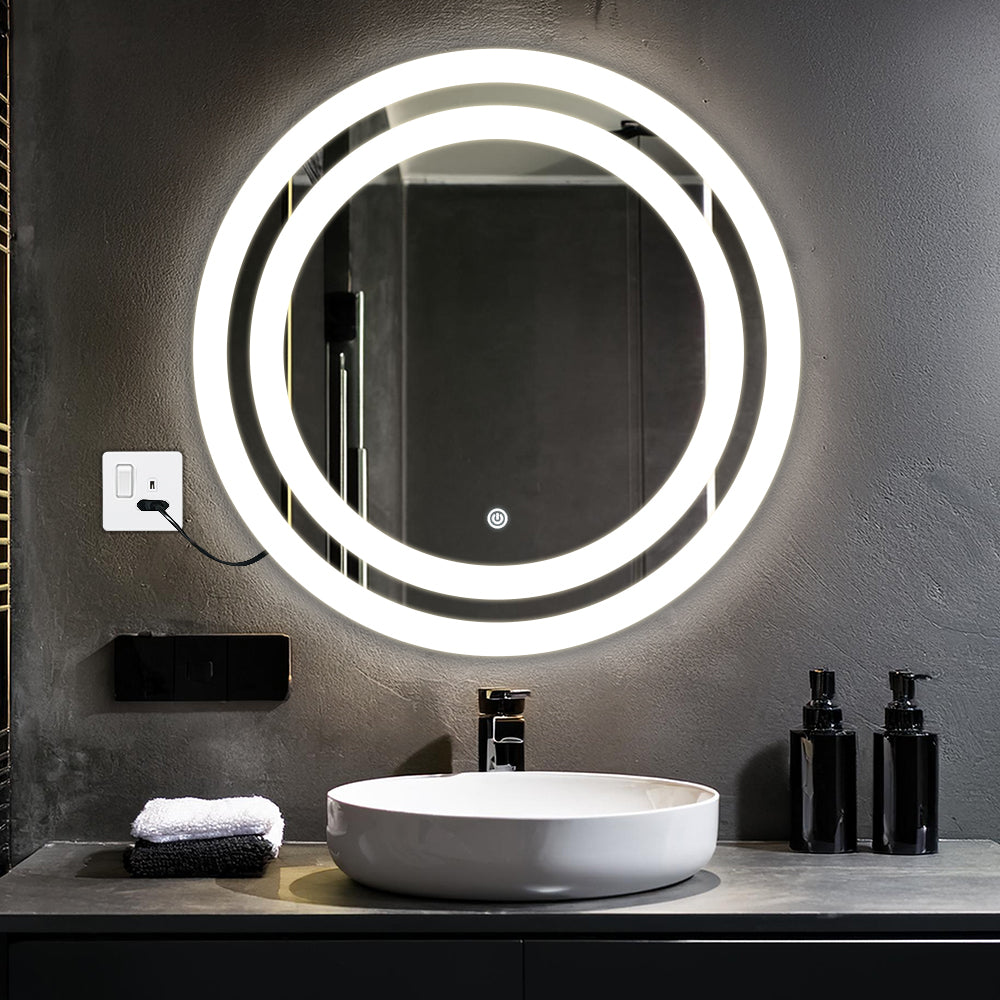Germa Dual Line LED Mirror for Bathroom with 3Lights Color Tone and Touch Sensor/Designer Mirror for Living&Bed Room/Dimmable and Memory Function Wall Mirror–Round Shape