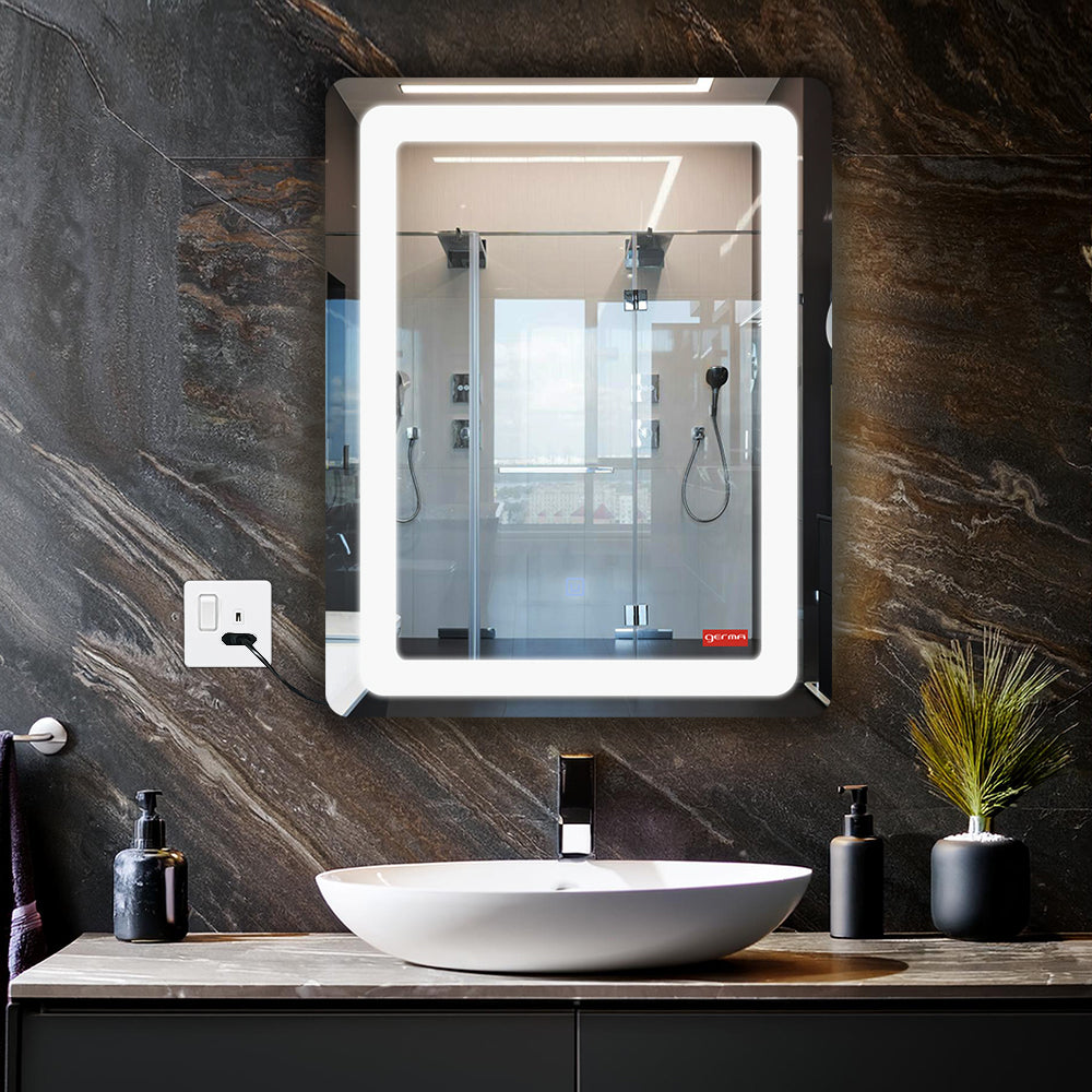 Germa Curve Edge LED Mirror for Bathroom with 3Lights Color Tone and Touch Sensor/Designer Mirror for Living&Bed Room/Dimmable and Memory Function Wall Mirror-Rectangle Shape 18x24Inch