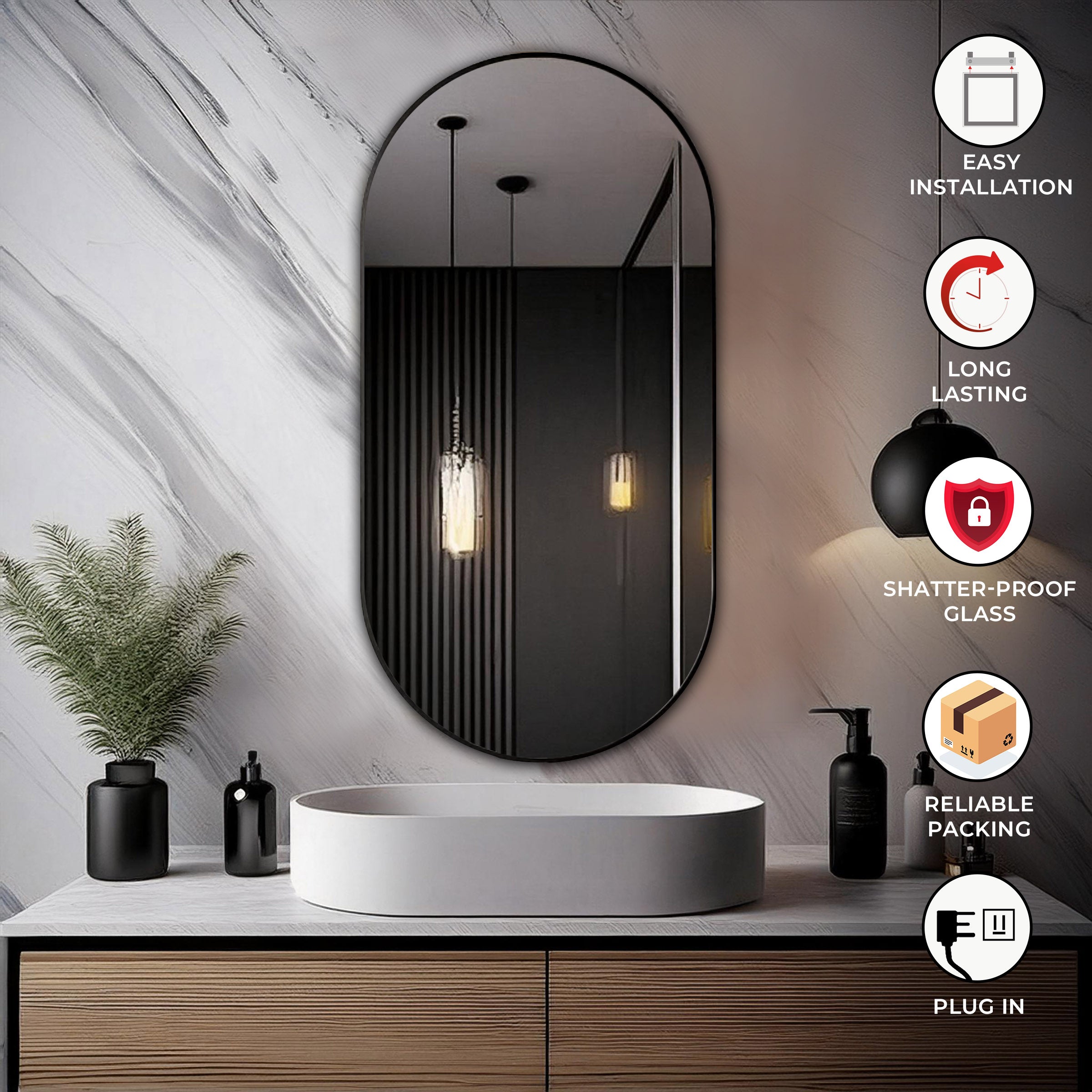 Aluminum Frame Mirror - Capsule Shape 90cm x 45cm