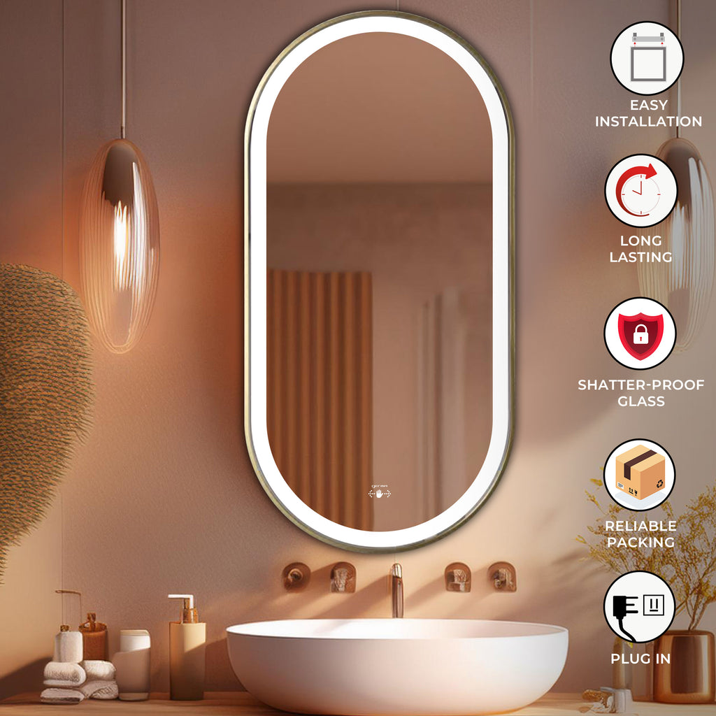 Aluminum Frame Led Mirror 3Light Dimmer with Wave Sensor - Capsule Shape 90cm x 45cm