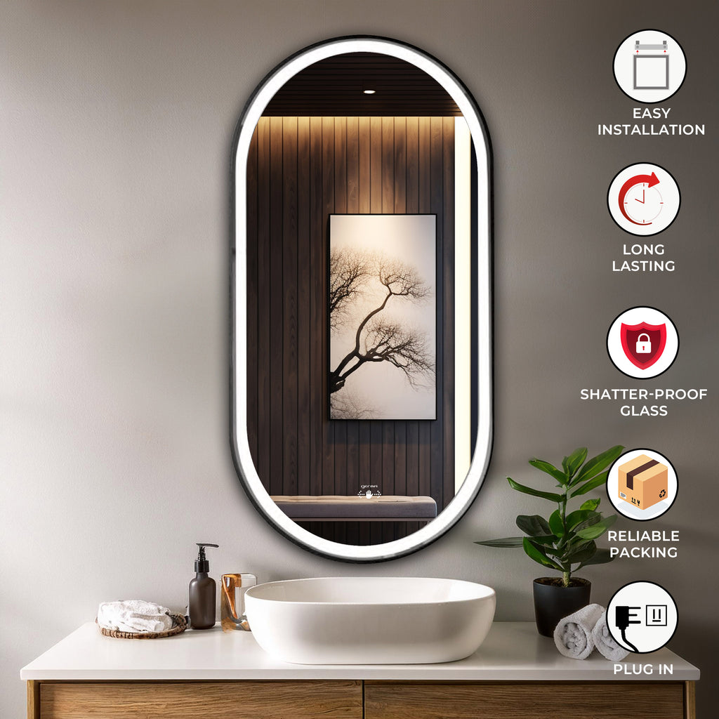 Aluminum Frame Led Mirror 3Light Dimmer with Wave Sensor - Capsule Shape 90cm x 45cm