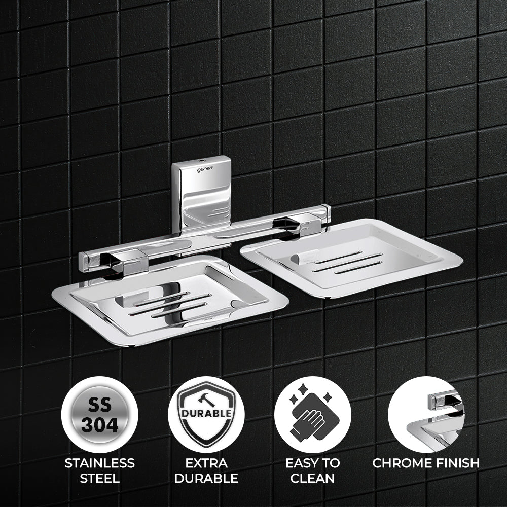 Germa Sanitarywares 304 Stainless Steel Double Soap Dish Holder for Bathroom | Soap Stand for Wash Room | Soap Case | Bathroom Accessories (Chrome)