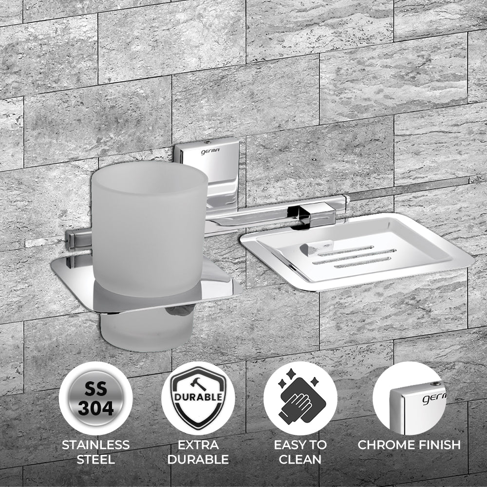 Germa Sanitarywares 304 Stainless Steel Soap Dish with Tumbler Holder for Bathroom | 2 in 1 Soap Holder with Tumbler Holder | Soap Dish | Tumbler Holder | Bathroom Accessories (Chrome)