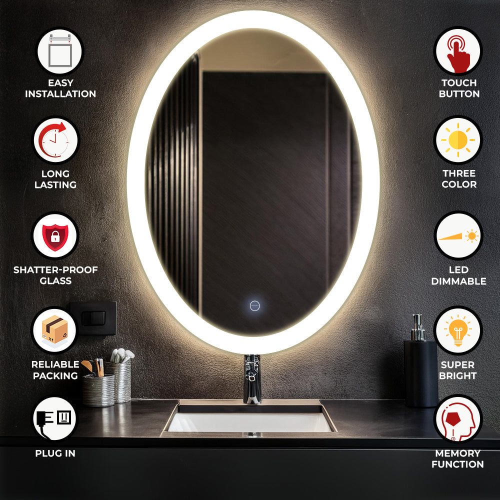 Germa LED Mirror for Bathroom with 3Lights Color Tone and Touch Sensor/Designer Mirror for Bathroom Living & Bed Room/Dimmable and Memory Function Wall Mirror–Oval Shape(18x24Inch)