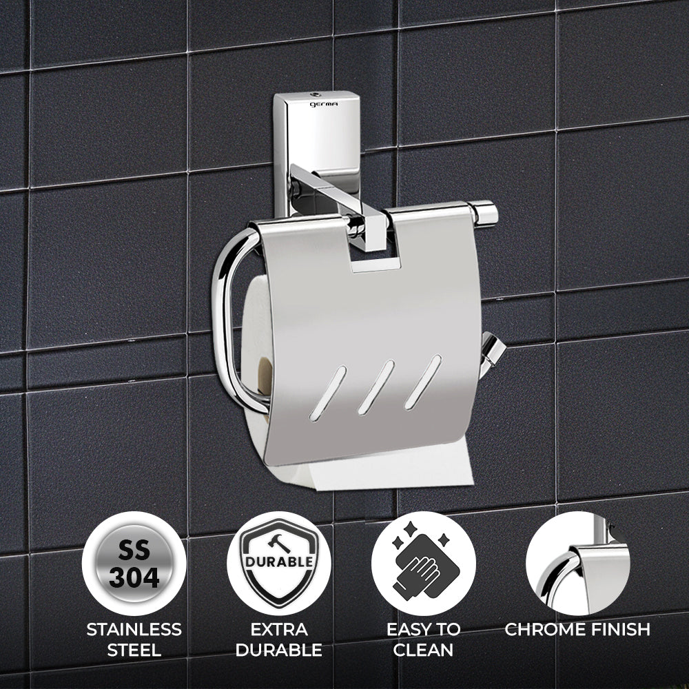 Germa Sanitarywares 304 Stainless Steel Toilet Paper Holder with Flap Guard for Bathroom | Toilet Tissue Paper Holder | Tissue Paper Bundle Holder | Paper Roll Holder | Bathroom Accessories (Chrome)