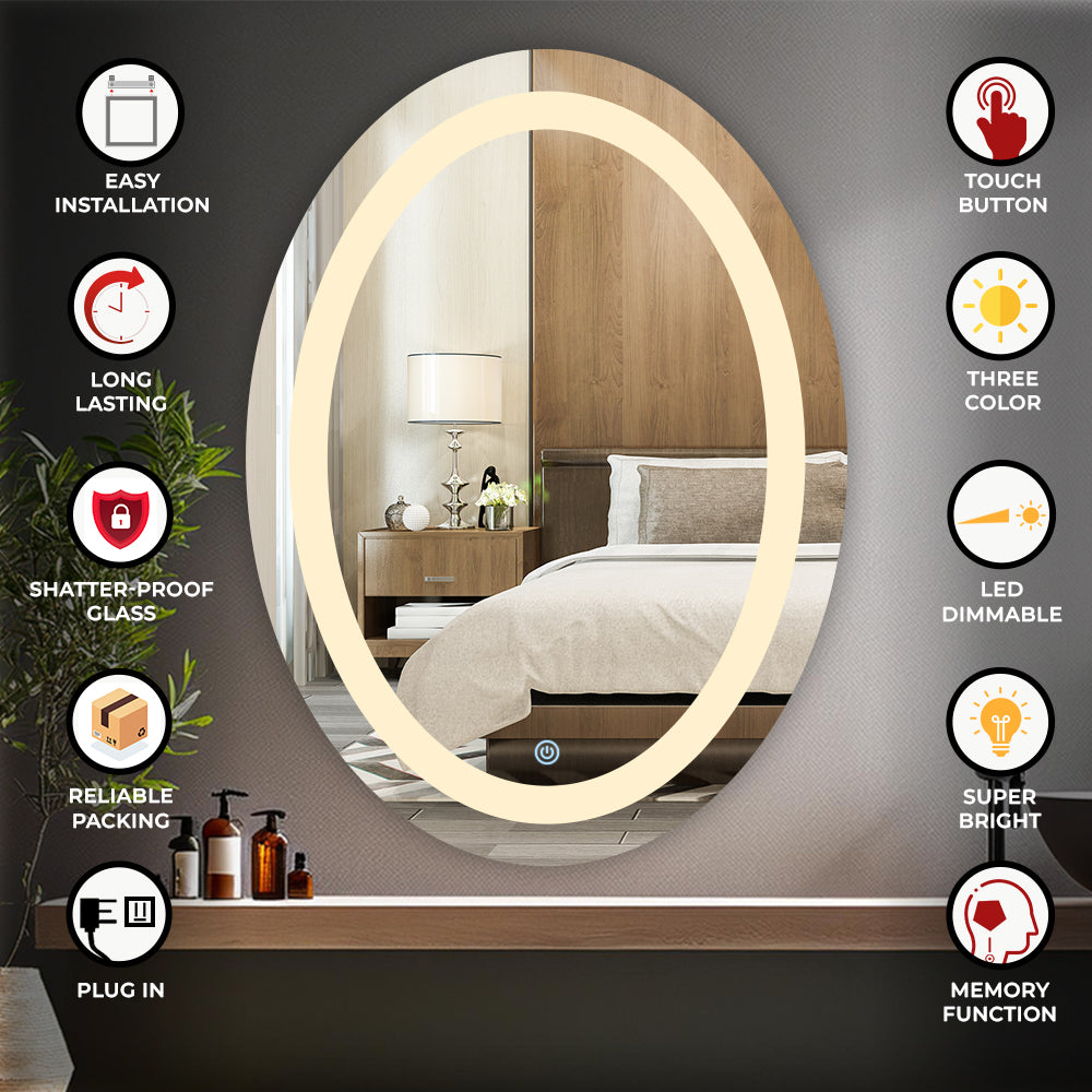 Germa LED Mirror for Bathroom with 3Lights Color Tone and Touch Sensor/Led Mirror for Bathroom Living & Bed Room/Dimmable and Memory Function Wall Mirror–Oval Shape(18x24Inch)