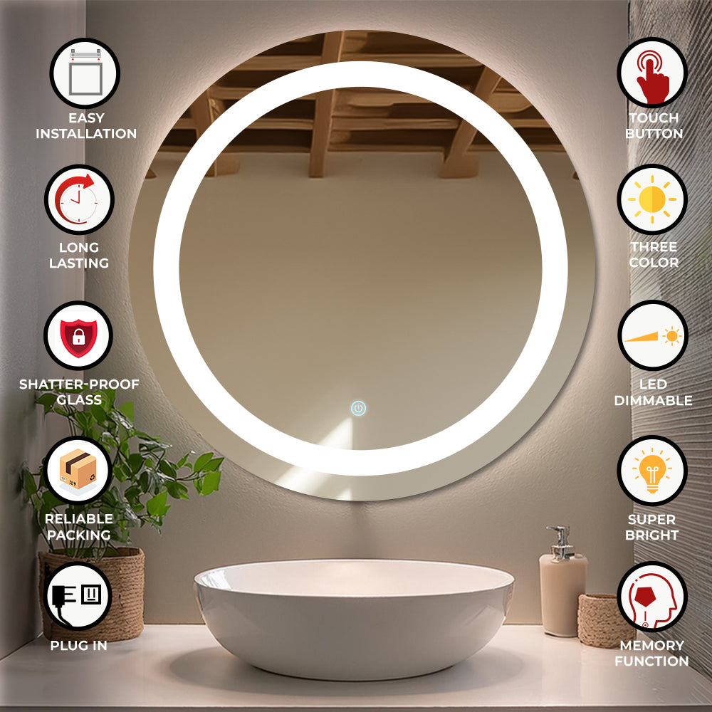 Germa LED Mirror for Bathroom with 3Lights Color Tone and Touch Sensor/Designer Mirror for Dressing,Living & Bed Room/Dimmable and Memory Function Wall Mirror–Round Shape(24x24Inch)