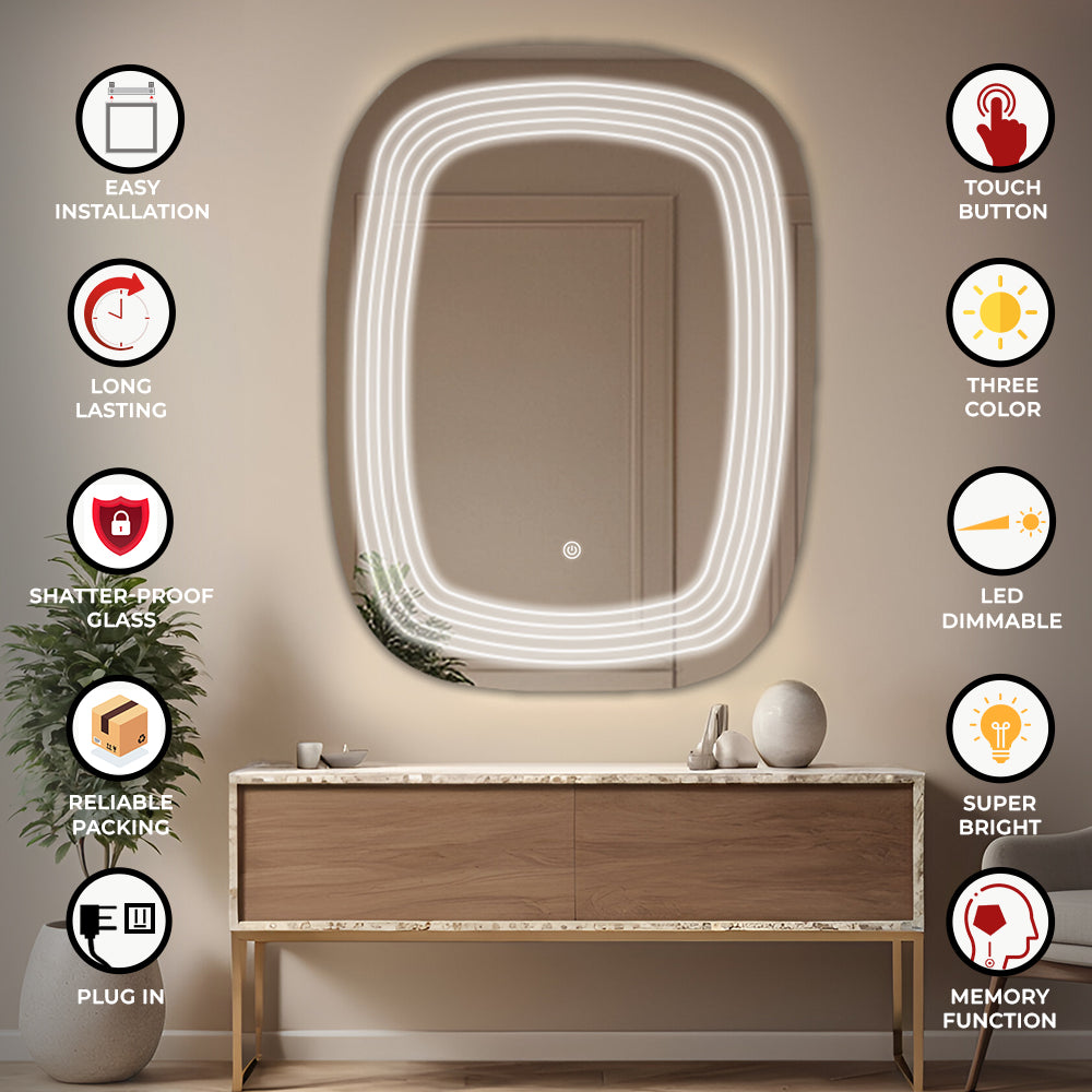 Germa Four Line LED Mirror for Bathroom with 3Lights Color Tone and Touch Sensor/Designer Mirror for Living&Bed Room/Dimmable and Memory Function Wall Mirror–Rectangular Shape(18x24Inch)