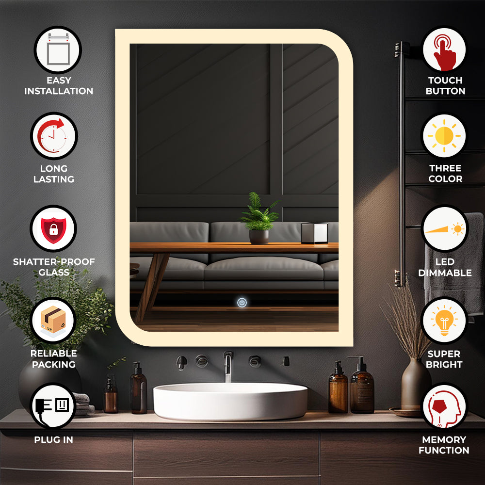 Germa One Side Curve Edge LED Mirror for Bathroom with 3Lights Color Tone and Touch Sensor/Designer Mirror for Living&Bed Room/Dimmable and Memory Function - Edge Light (18x24Inch)