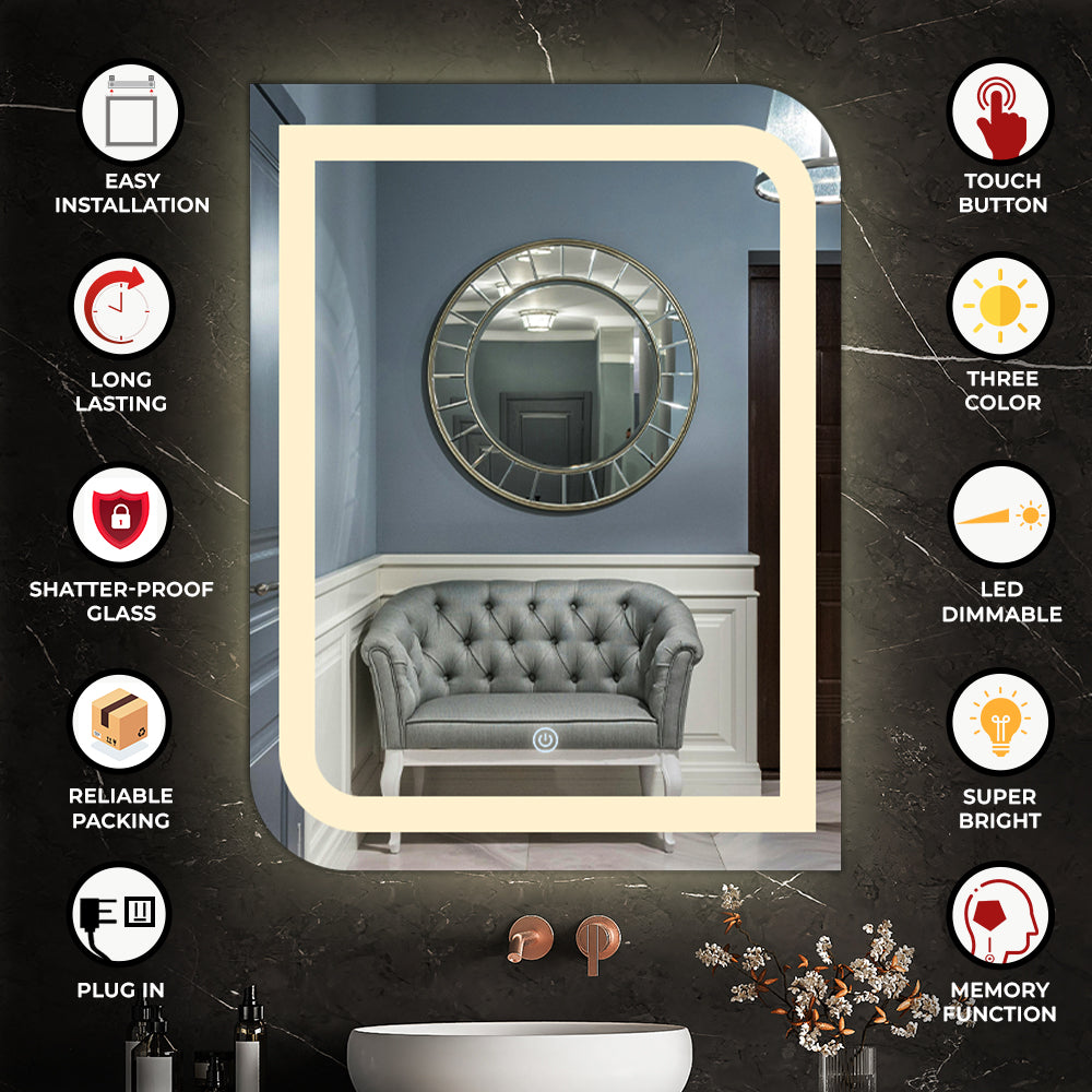 Germa One Side Curve Edge LED Mirror for Bathroom with 3Lights Color Tone and Touch Sensor/Designer Mirror for Living&Bed Room/Dimmable and Memory Function - Rectangle(18x24Inch)