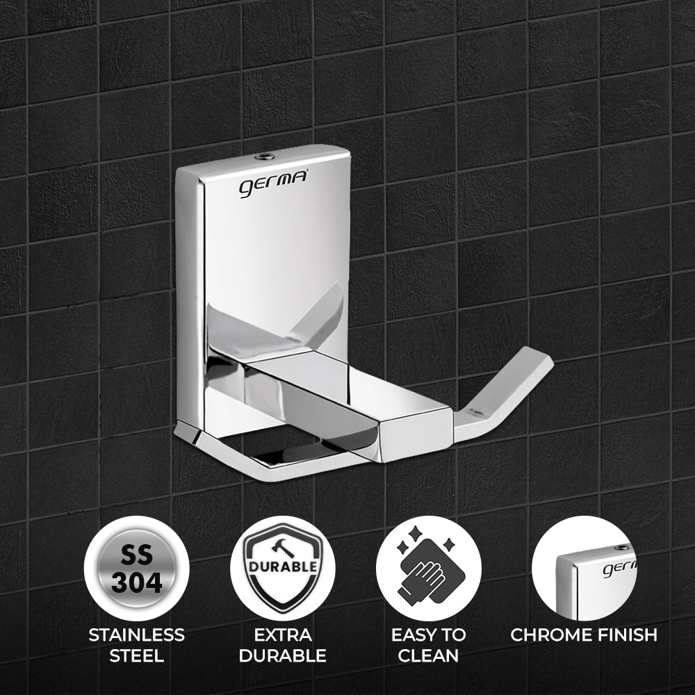 Germa Sanitarywares 304 Stainless Steel Robe Hook for Bathroom | Double Side Cloth Hook Stand Holder| Cloth and Towel Hanger | Robe Hook| Bathroom Accessories (Chrome)