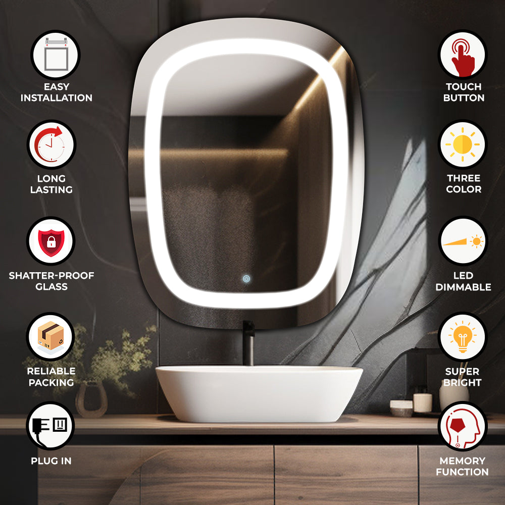 Germa LED Mirror for Bathroom with 3Lights Color Tone and Touch Sensor/Designer Mirror for Living Bed &Bath Room/Dimmable and Memory Function Wall Mirror–Rectangular Shape(18x24Inch)