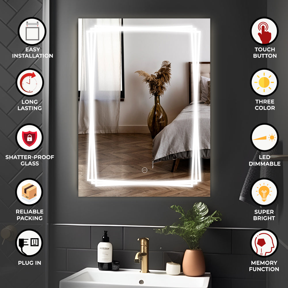 Germa LED Mirror for Bathroom with 3Lights Color Tone and Touch Sensor/Luxury Designer Mirror for Living & Bed Room/Dimmable and Memory Function Wall Mirror–Rectangular Shape(18x24Inch)