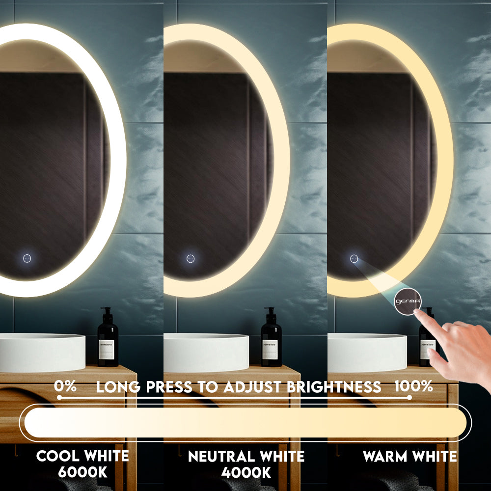 Germa LED Mirror for Bathroom with 3Lights Color Tone and Touch Sensor/Designer Mirror for Bathroom Living & Bed Room/Dimmable and Memory Function Wall Mirror–Oval Shape(18x24Inch)