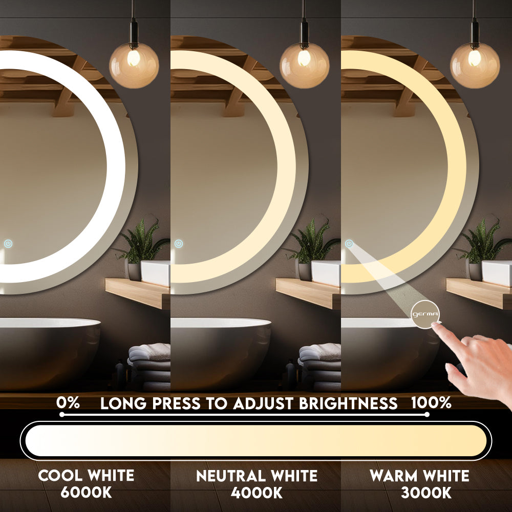 Germa LED Mirror for Bathroom with 3Lights Color Tone and Touch Sensor/Designer Mirror for Dressing,Living & Bed Room/Dimmable and Memory Function Wall Mirror–Round Shape (24x24Inch)