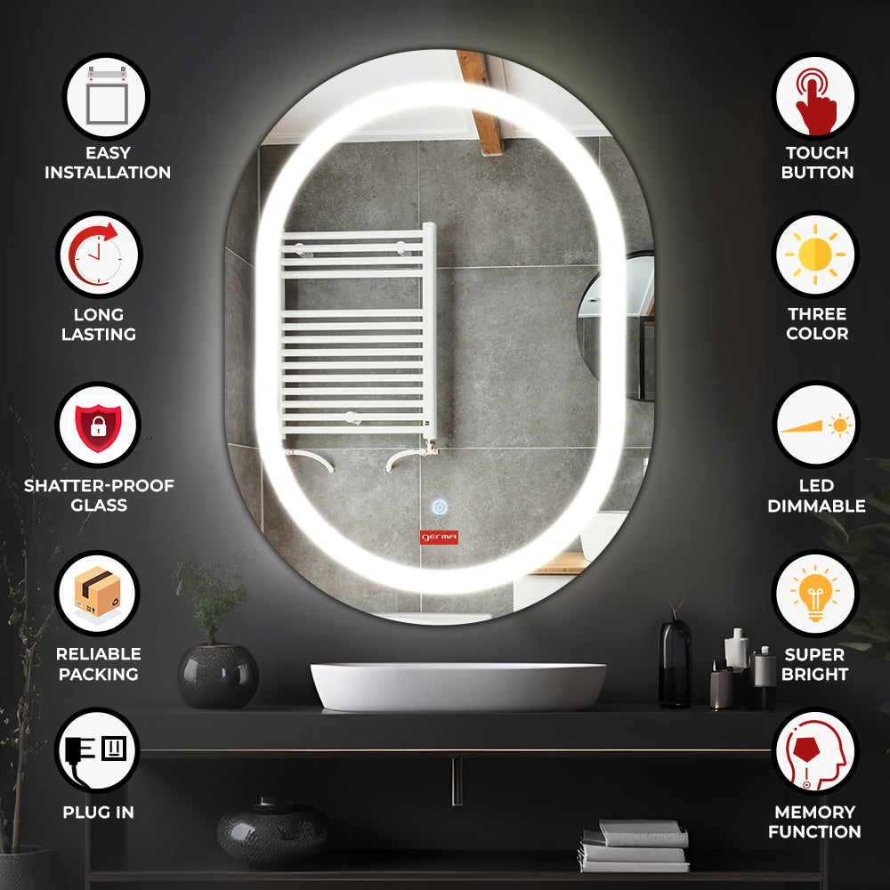 Germa LED Mirror for Bathroom with 3Lights Color Tone and Touch Sensor/Designer Mirror for Living & Bed Room/Dimmable and Memory Function Wall Mirror–Oval Capsule Shape(18x24Inch)