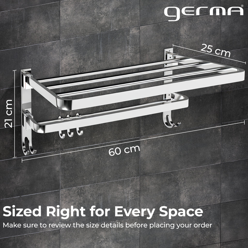 Germa 2-Tier 304 Foldable Stainless Steel Towel Rack for Bathroom | Wall Mounted Towel Holder with Movable Hooks | Space Saving Dual Shelf with Hanging Bar | Chrome 24inch