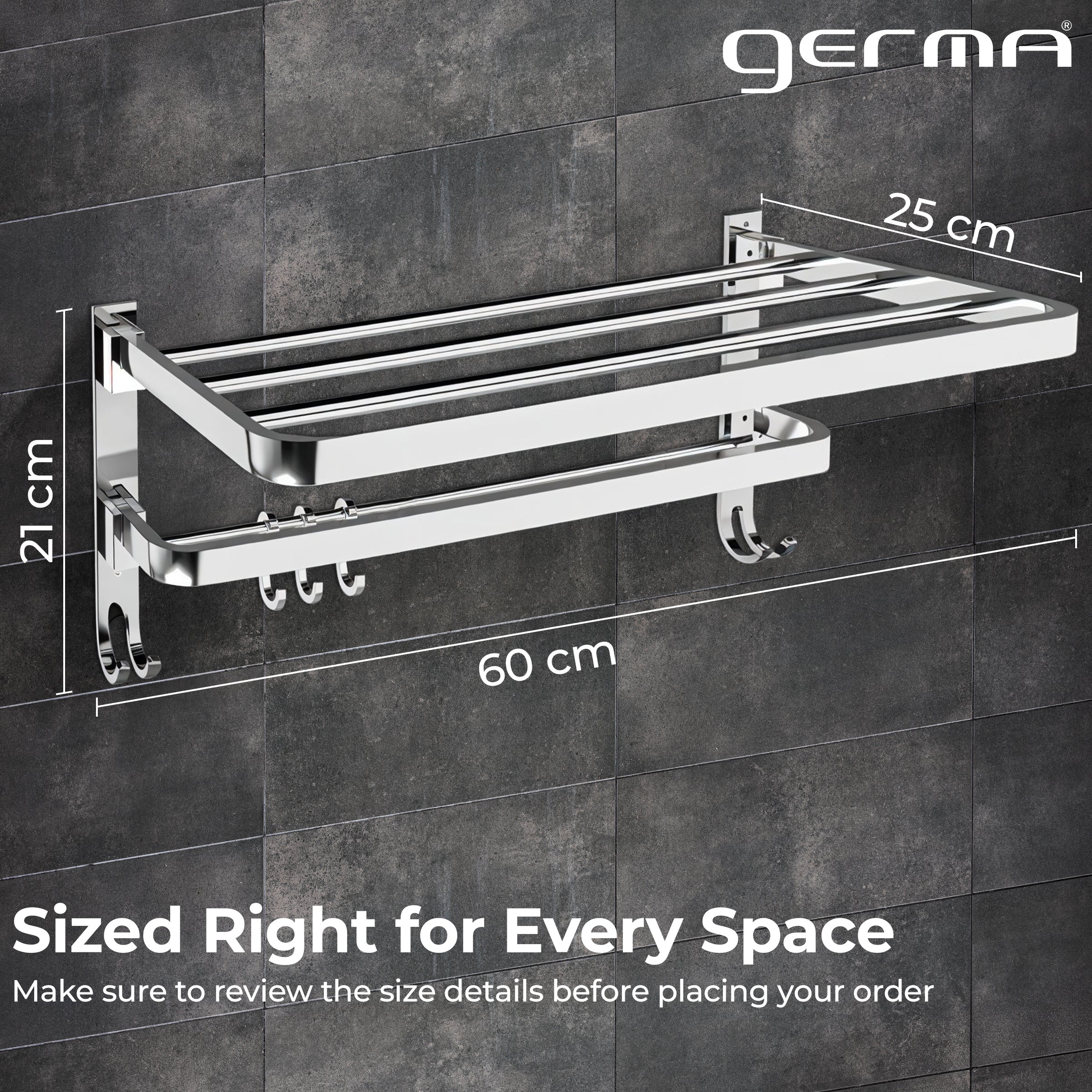 Germa 2-Tier 304 Foldable Stainless Steel Towel Rack for Bathroom | Wall Mounted Towel Holder with Movable Hooks | Space Saving Dual Shelf with Hanging Bar | Chrome 24inch