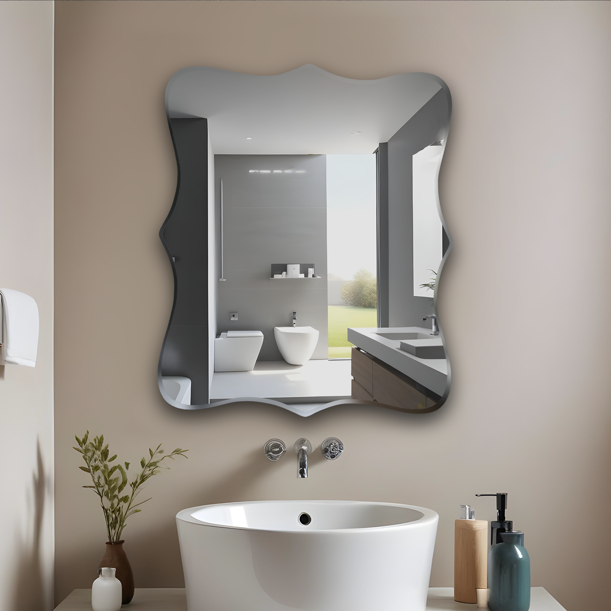 Germa Wavy Edge Rectangle Wall Mounted Frameless Mirror with Beveled Edges/Wall Mirror for Bathroom/Living Room/Bed Room/Dressing Room (60cm x 45cm)