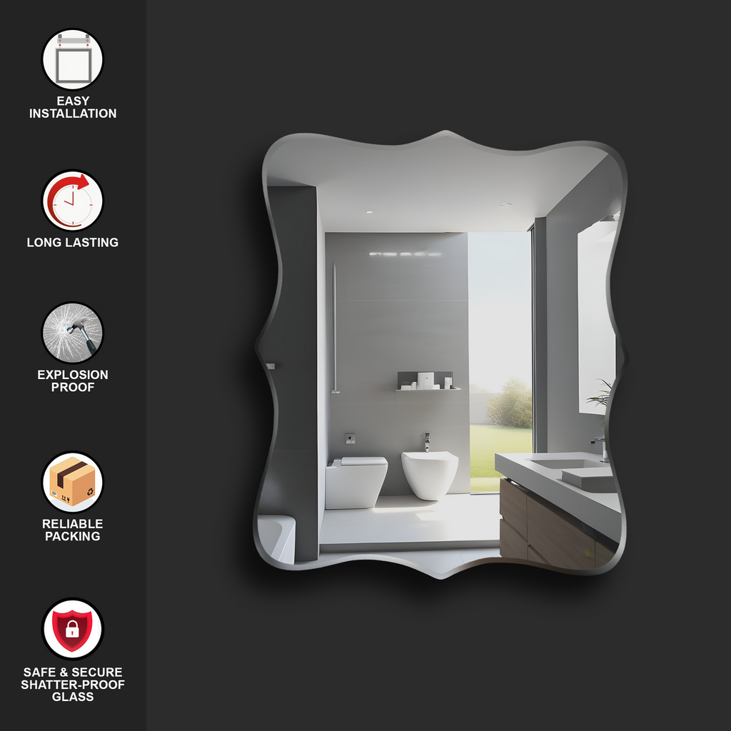 Germa Wavy Edge Rectangle Wall Mounted Frameless Mirror with Beveled Edges/Wall Mirror for Bathroom/Living Room/Bed Room/Dressing Room (60cm x 45cm)