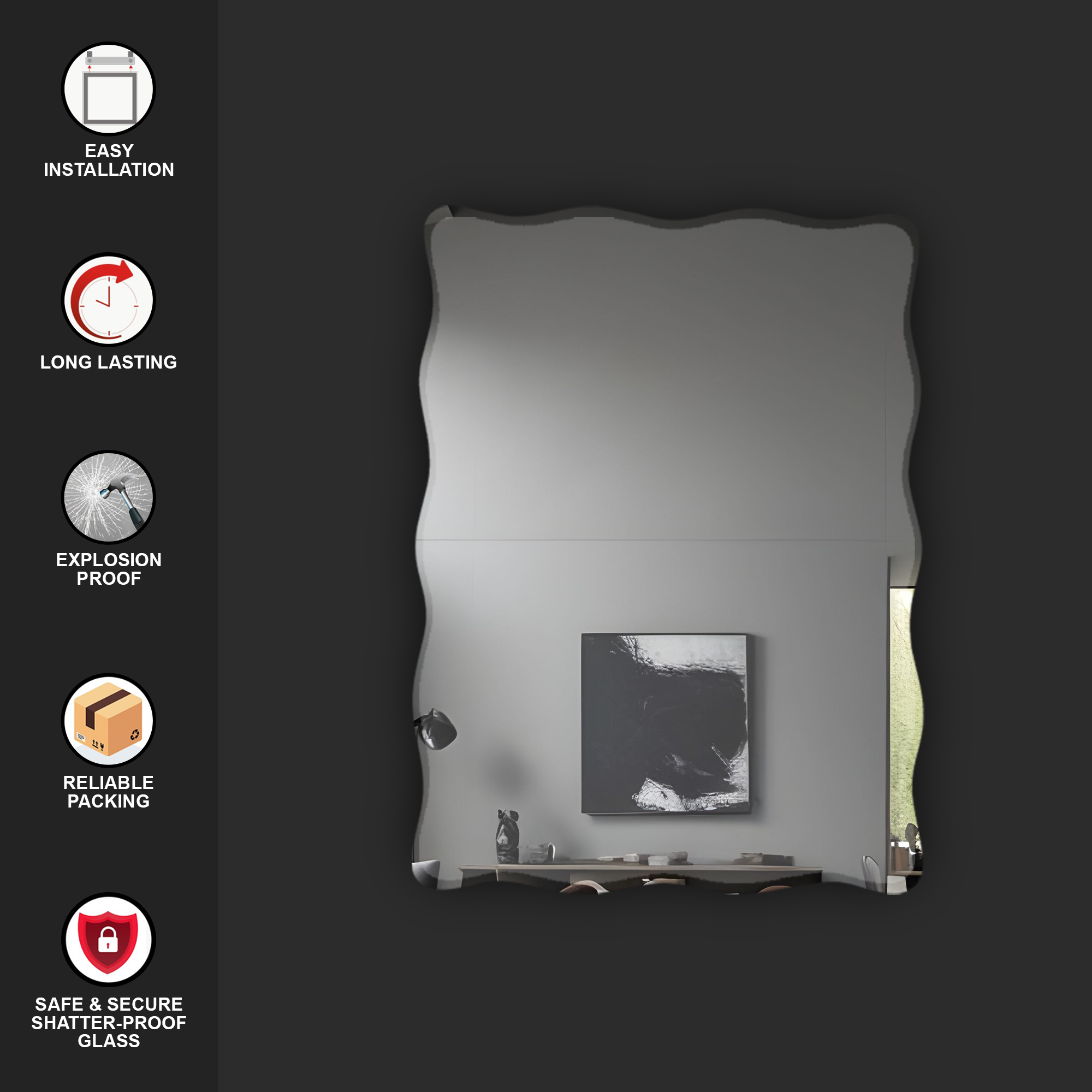 Germa Rectanglur Wall Mounted Frameless Mirror with Beveled Edges/Wall Mirror for Bathroom/Living Room/Bed Room/Dressing Room (60cm x 45cm)