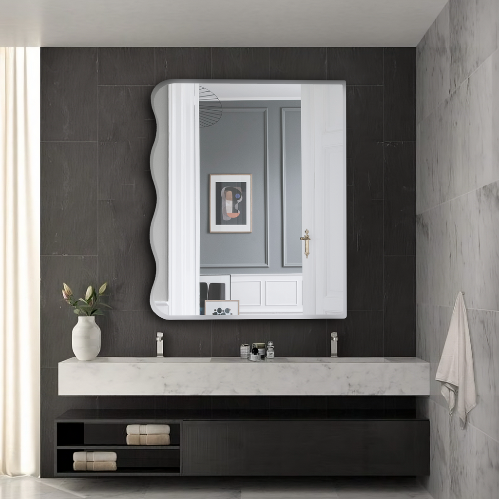 Germa Wave-Edge Rectangle Wall Mounted Frameless Mirror with Beveled Edges/Wall Mirror for Bathroom/Living Room/Bed Room/Dressing Room (60cm x 45cm)