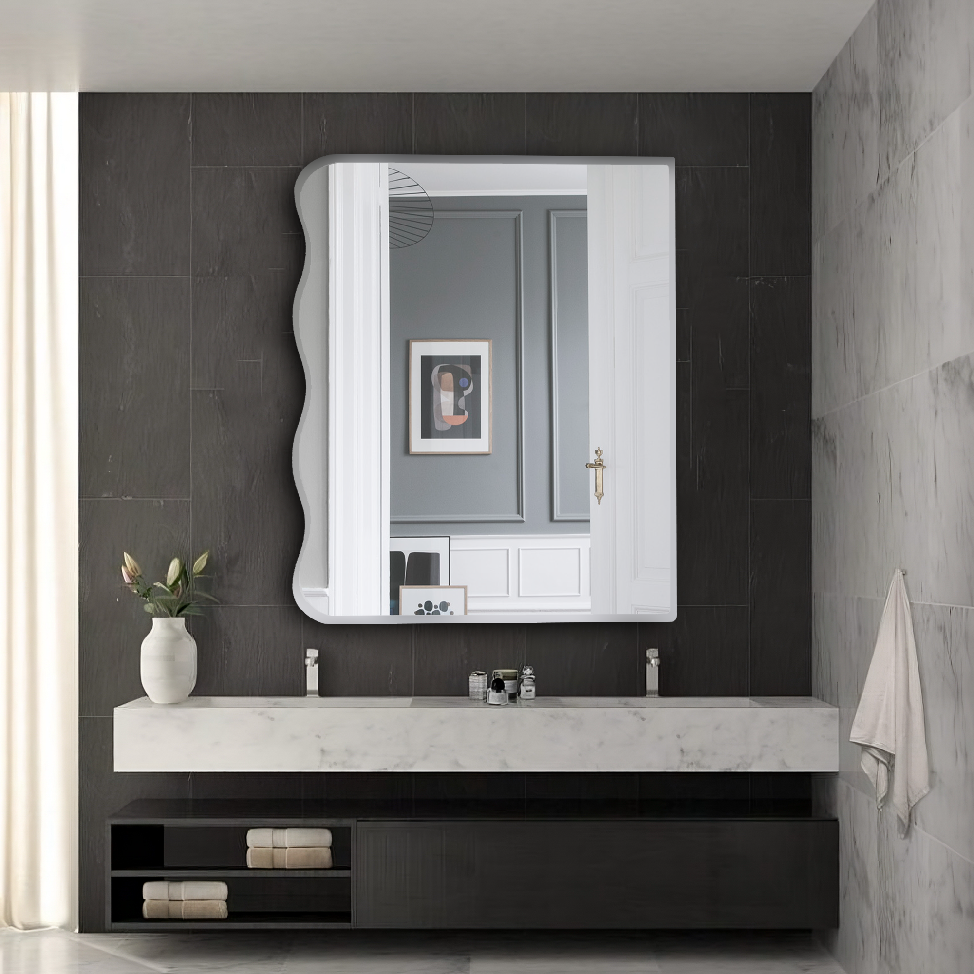 Germa Wave-Edge Rectangle Wall Mounted Frameless Mirror with Beveled Edges/Wall Mirror for Bathroom/Living Room/Bed Room/Dressing Room (60cm x 45cm)