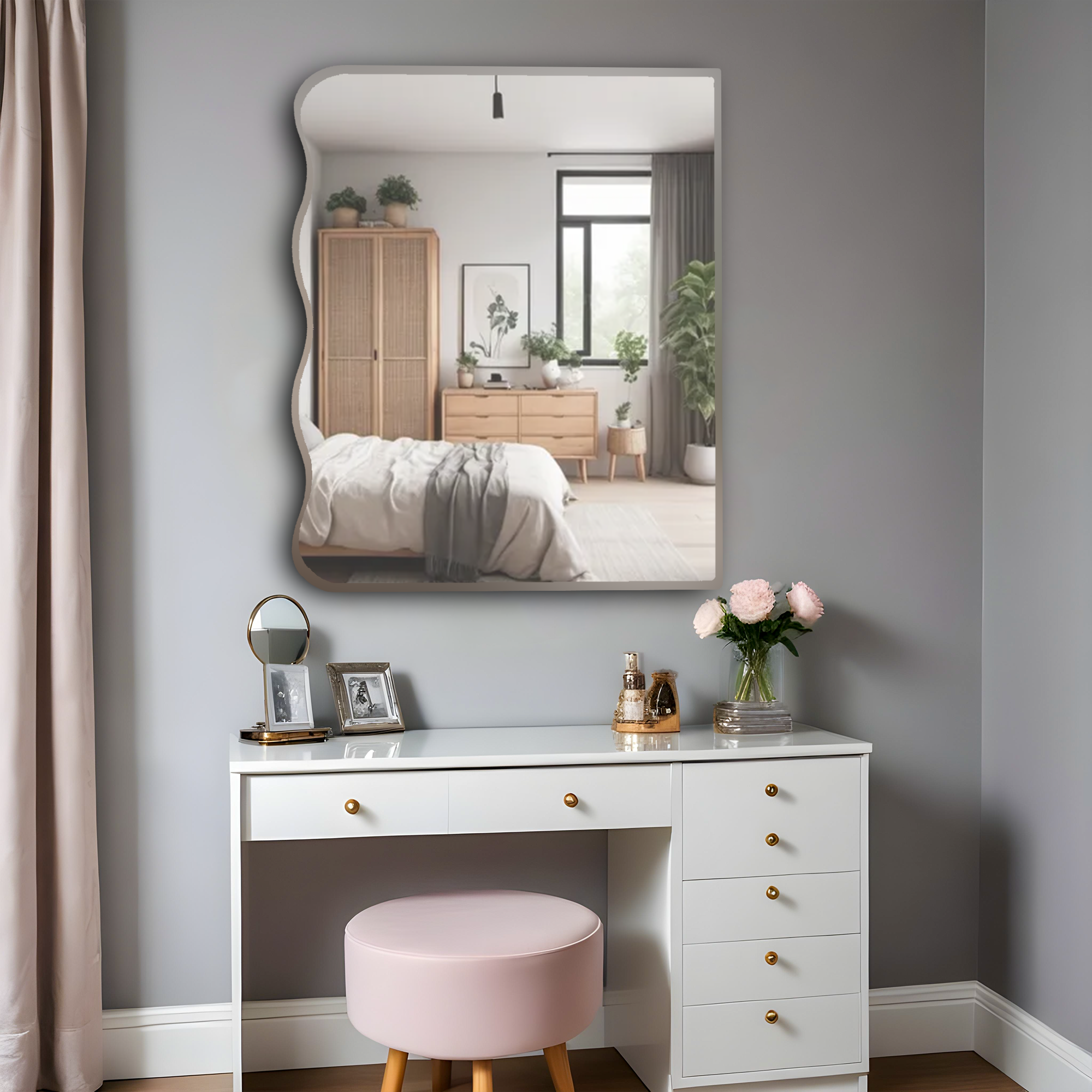 Germa Wave-Edge Rectangle Wall Mounted Frameless Mirror with Beveled Edges/Wall Mirror for Bathroom/Living Room/Bed Room/Dressing Room (60cm x 45cm)