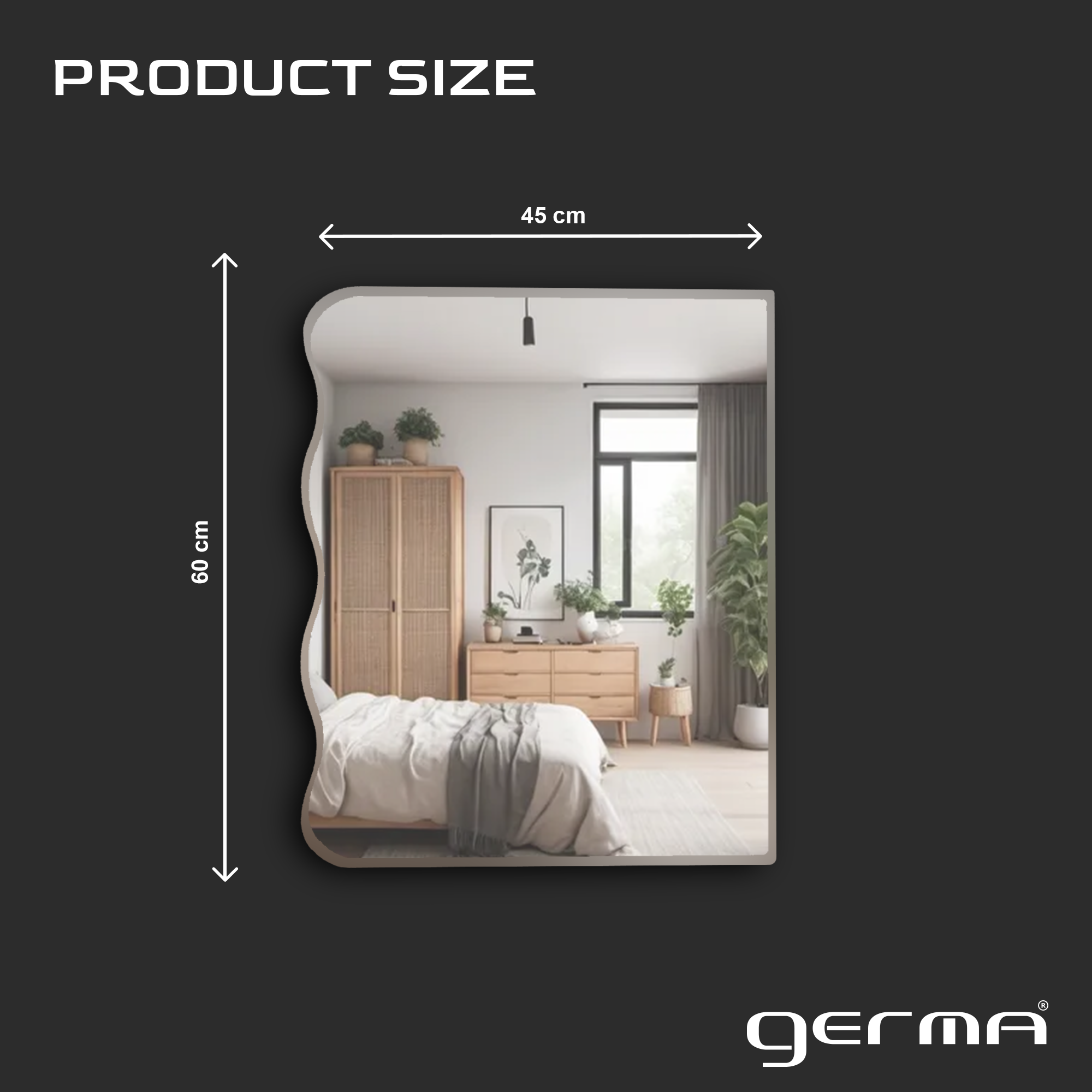 Germa Wave-Edge Rectangle Wall Mounted Frameless Mirror with Beveled Edges/Wall Mirror for Bathroom/Living Room/Bed Room/Dressing Room (60cm x 45cm)