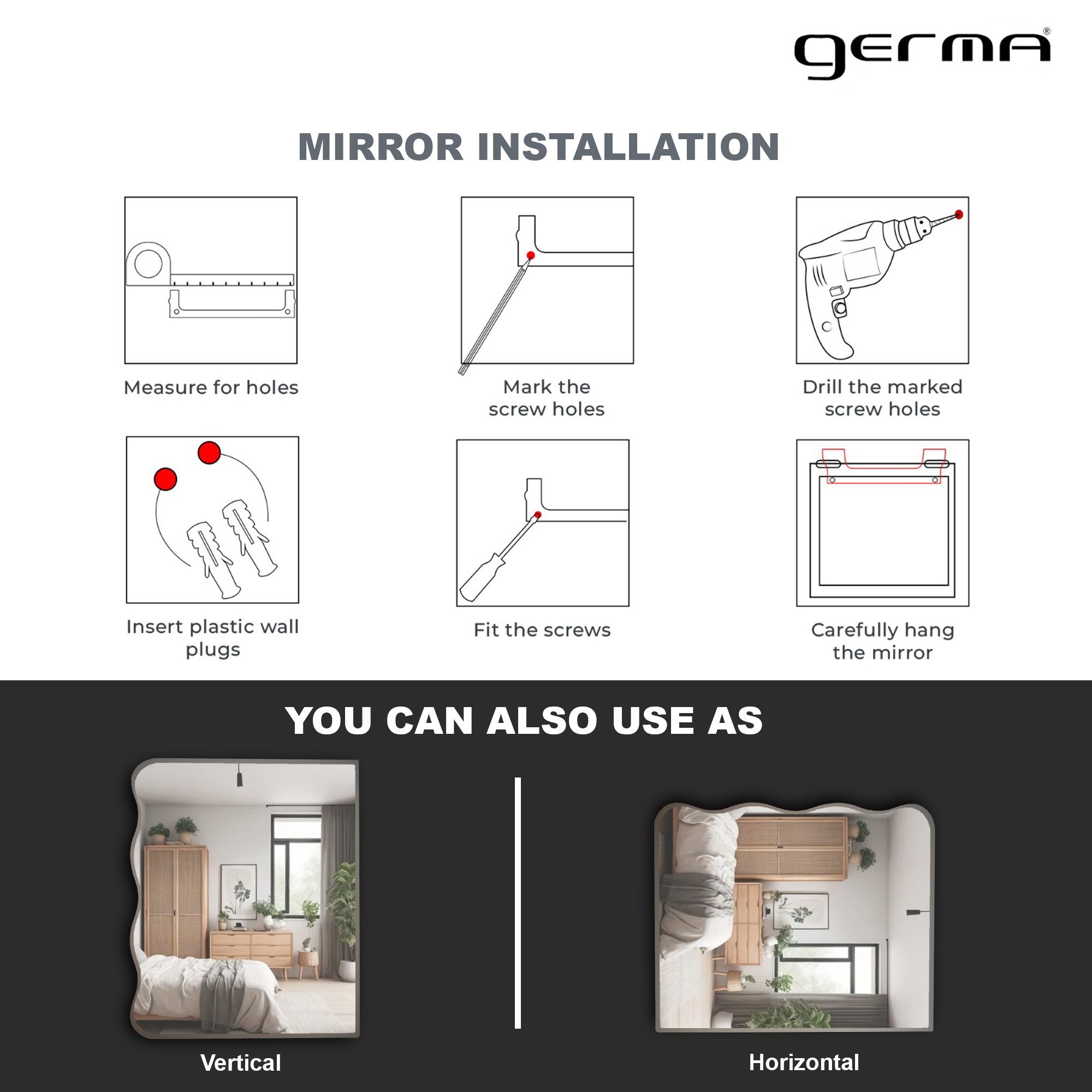 Germa Wave-Edge Rectangle Wall Mounted Frameless Mirror with Beveled Edges/Wall Mirror for Bathroom/Living Room/Bed Room/Dressing Room (60cm x 45cm)